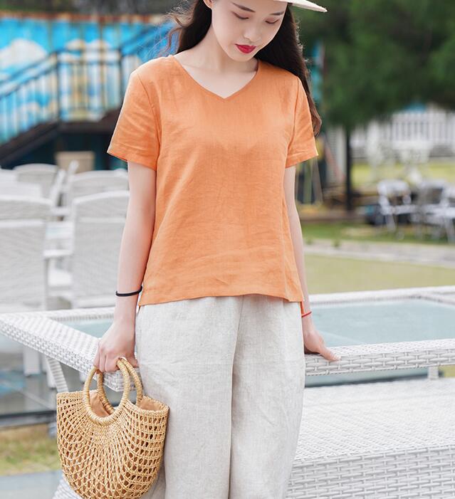 V Neck Orange Linen Blouse Simple Style Shirts Summer Tops  SMM9508 VPPBUY shop