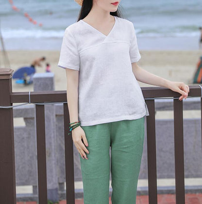 White V Neck Orange Linen Blouse Simple Style Shirts Summer Tops  SMM9508 VPPBUY shop