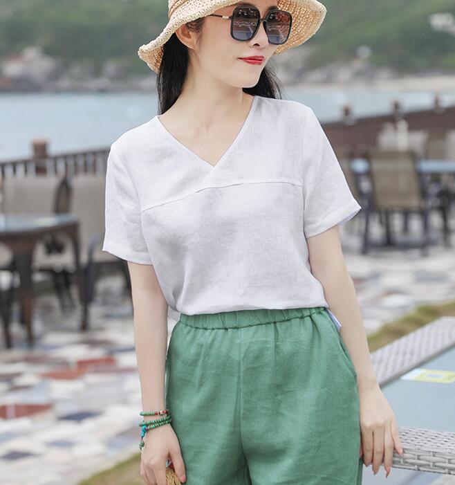 White V Neck Orange Linen Blouse Simple Style Shirts Summer Tops  SMM9508 VPPBUY shop