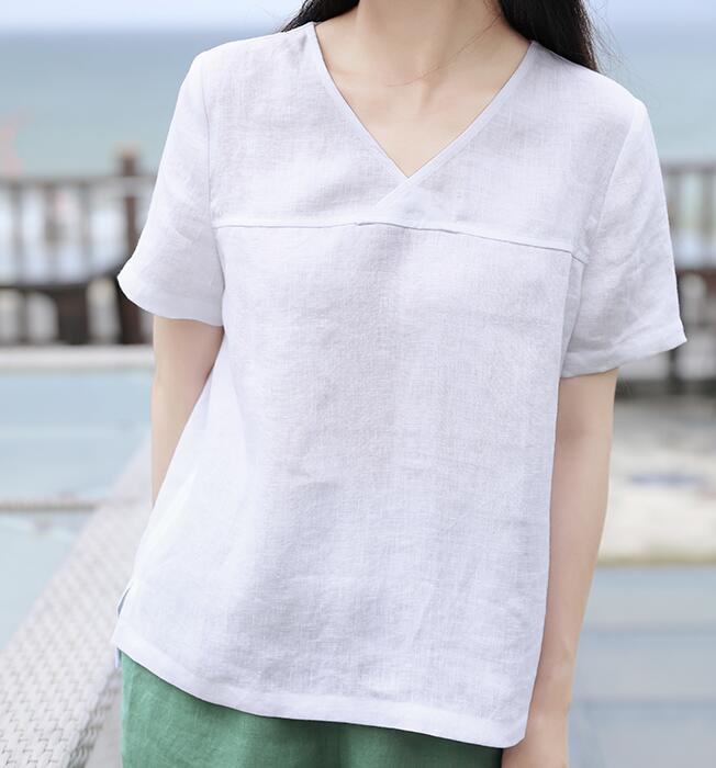 White V Neck Orange Linen Blouse Simple Style Shirts Summer Tops  SMM9508 VPPBUY shop