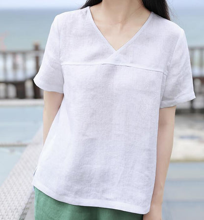 White V Neck Orange Linen Blouse Simple Style Shirts Summer Tops  SMM9508 VPPBUY shop