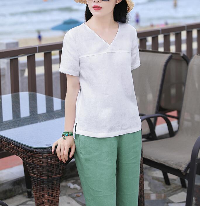 White V Neck Orange Linen Blouse Simple Style Shirts Summer Tops  SMM9508 VPPBUY shop