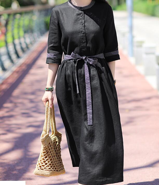 Black Women Dresses Ramie Casual Spring Linen Women Dresses Half Sleeve SSM97215 VPPBUY shop