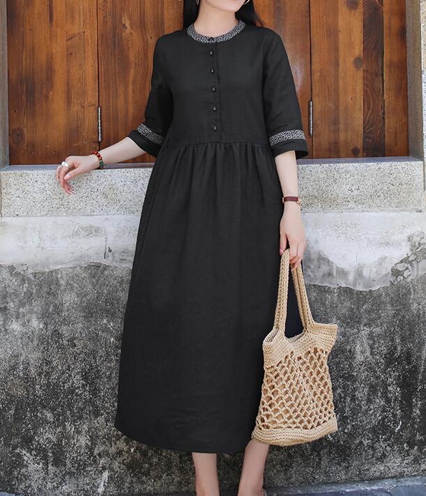 Black Women Dresses Ramie Casual Spring Linen Women Dresses Half Sleeve SSM97215 VPPBUY shop