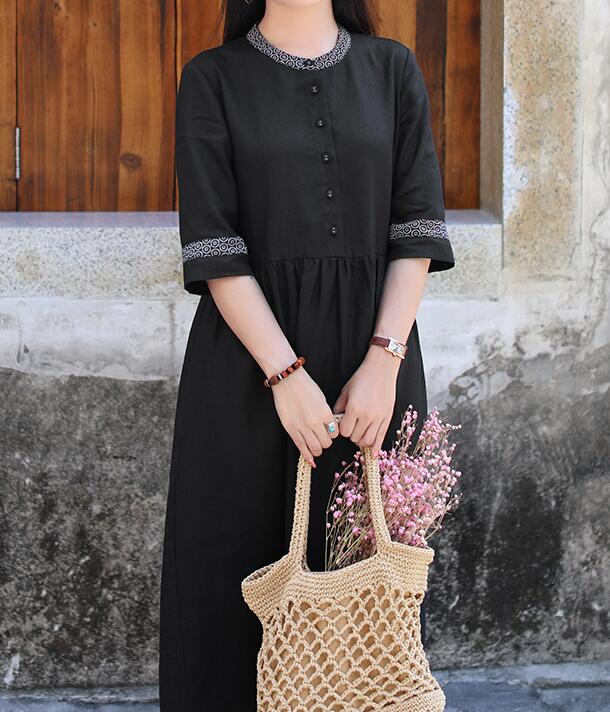 Black Women Dresses Ramie Casual Spring Linen Women Dresses Half Sleeve SSM97215 VPPBUY shop