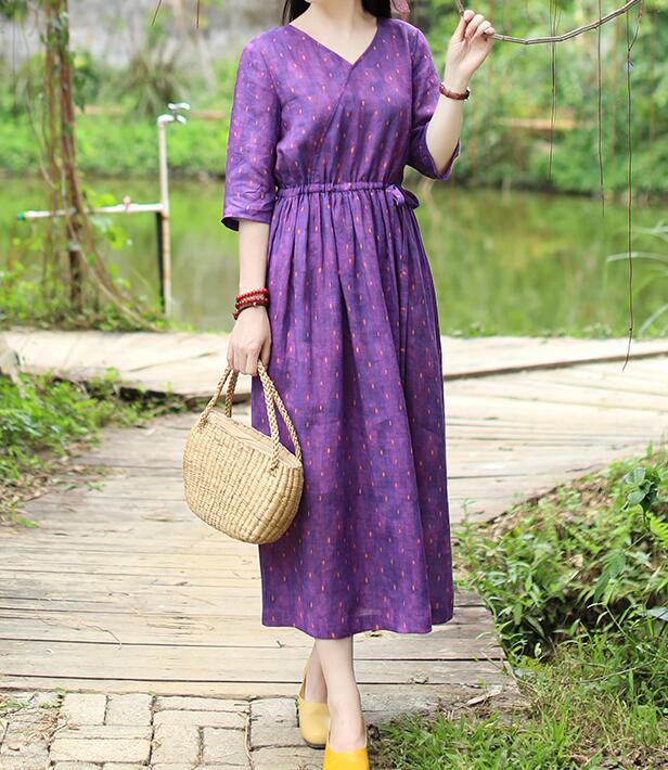 Purple Patchwork Women Dresses Ramie Casual Spring Linen Women Dresses Half Sleeve SSM97215 VPPBUY shop