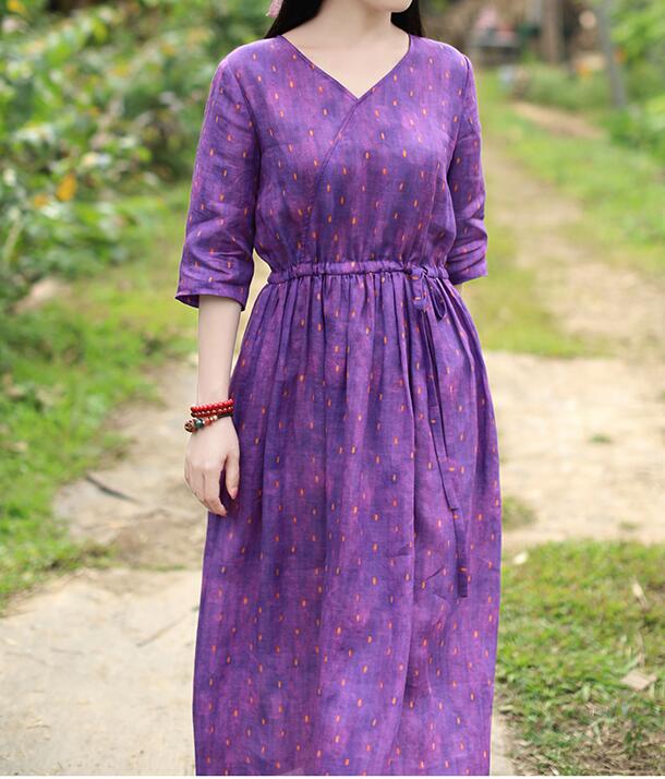 Purple Patchwork Women Dresses Ramie Casual Spring Linen Women Dresses Half Sleeve SSM97215 VPPBUY shop