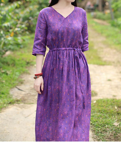 Purple Patchwork Women Dresses Ramie Casual Spring Linen Women Dresses Half Sleeve SSM97215 VPPBUY shop