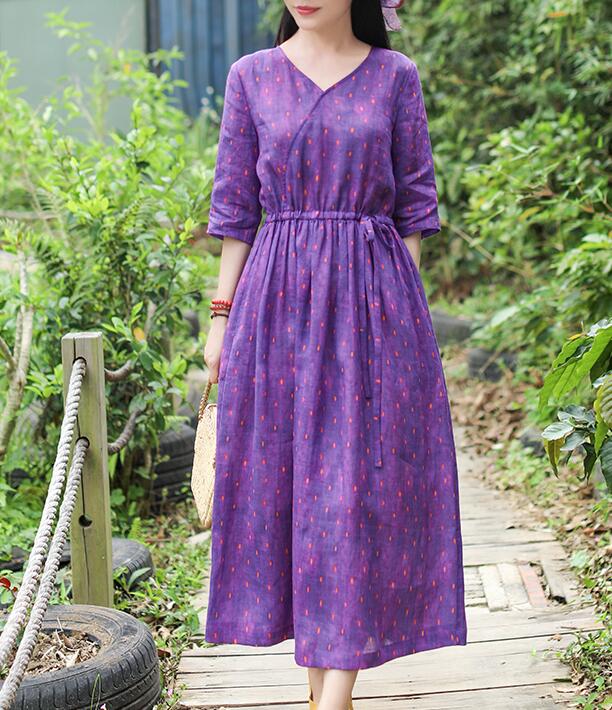 Purple Patchwork Women Dresses Ramie Casual Spring Linen Women Dresses Half Sleeve SSM97215 VPPBUY shop