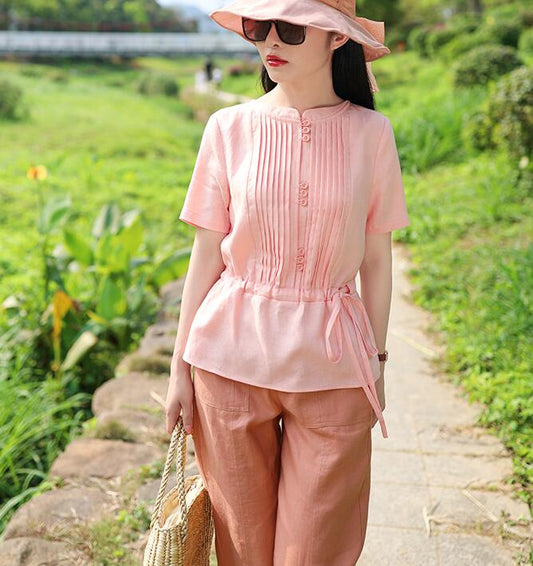 Pink Orange Linen Blouse Simple Style Shirts Summer Tops SMM9508 VPPBUY shop