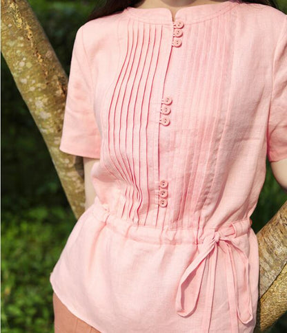 Pink Orange Linen Blouse Simple Style Shirts Summer Tops SMM9508 VPPBUY shop