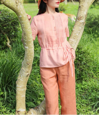 Pink Orange Linen Blouse Simple Style Shirts Summer Tops SMM9508 VPPBUY shop