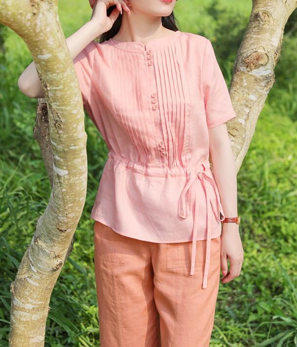 Pink Orange Linen Blouse Simple Style Shirts Summer Tops SMM9508 VPPBUY shop