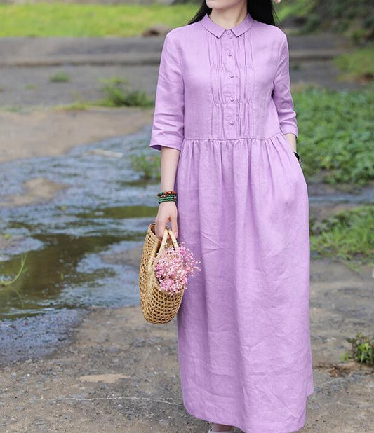 Purple Women Dresses Ramie Casual Spring Linen Women Dresses Long Sleeve SSM97215 VPPBUY shop