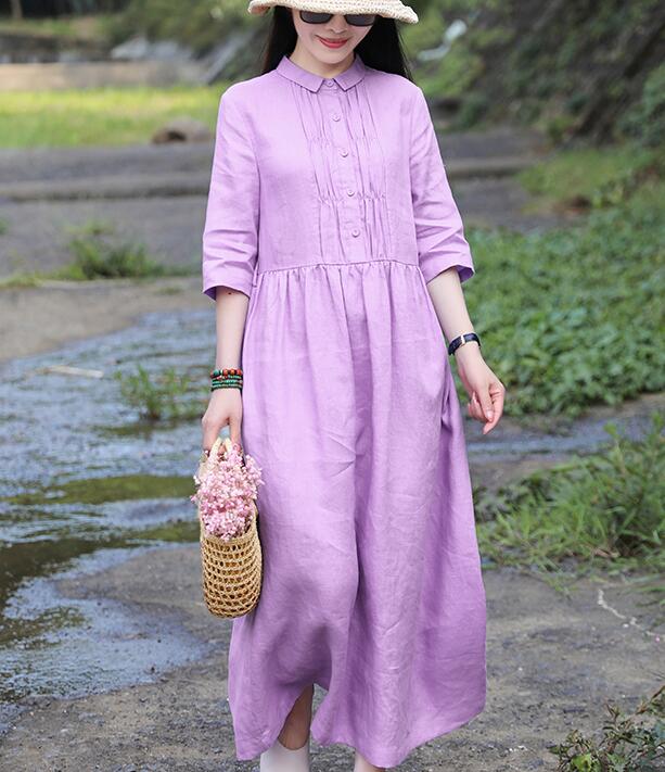 Purple Women Dresses Ramie Casual Spring Linen Women Dresses Long Sleeve SSM97215 VPPBUY shop