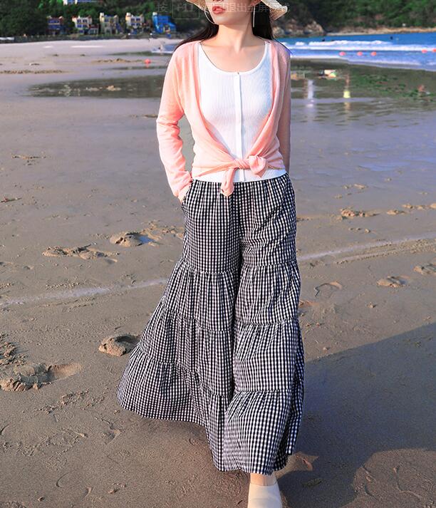 Checked Summer Ramie Wide Leg Pants Loose Women Casual Pants WG05131 VPPBUY shop