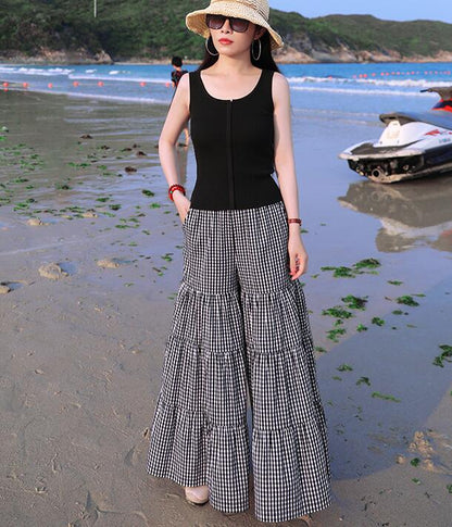 Checked Summer Ramie Wide Leg Pants Loose Women Casual Pants WG05131 VPPBUY shop