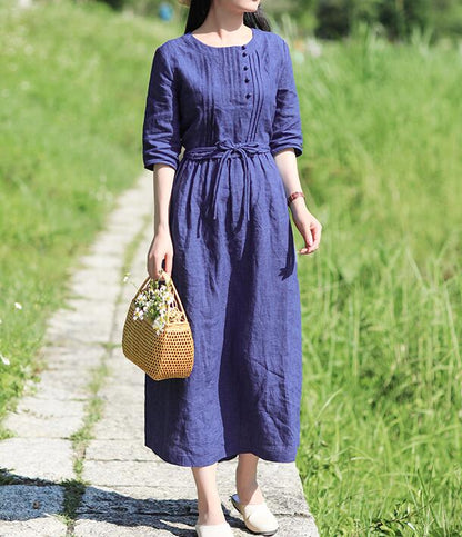 Navy Blue Women Dresses Ramie Casual Spring Linen Women Dresses SSM97215 VPPBUY shop