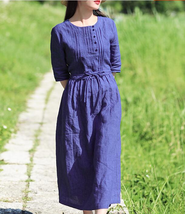 Navy Blue Women Dresses Ramie Casual Spring Linen Women Dresses SSM97215 VPPBUY shop