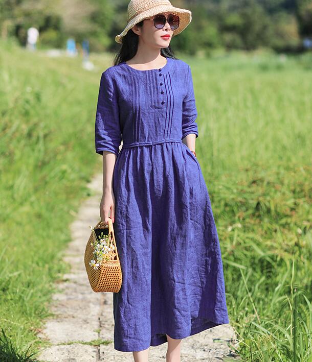 Navy Blue Women Dresses Ramie Casual Spring Linen Women Dresses SSM97215 VPPBUY shop