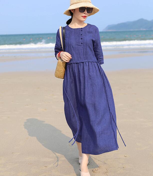 Navy Blue Women Dresses Ramie Casual Spring Linen Women Dresses SSM97215 VPPBUY shop