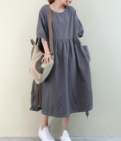 Loose Draw String O Neck Women Dresses Casual Linen Women Dresses Bat Short Sleeve SSM97215 VPPBUY shop