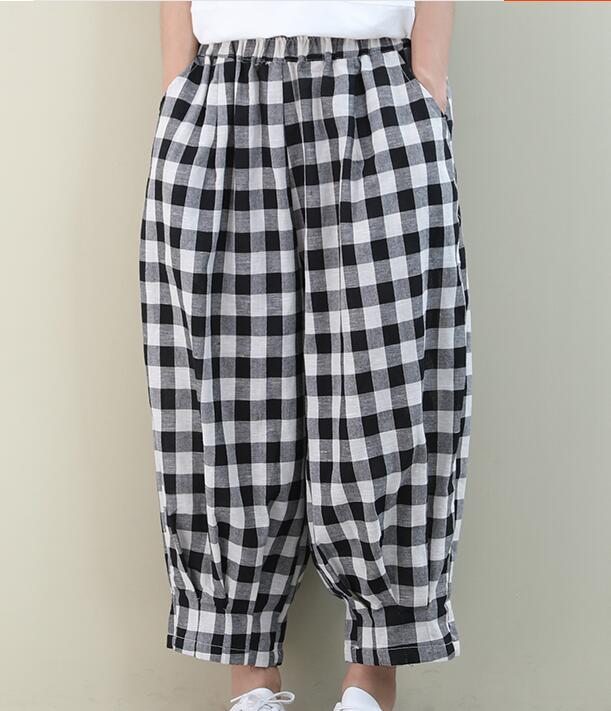 Checked Summer Loose Linen Wide Leg Women Casual Pants Elastic Waist WG05131 VPPBUY shop