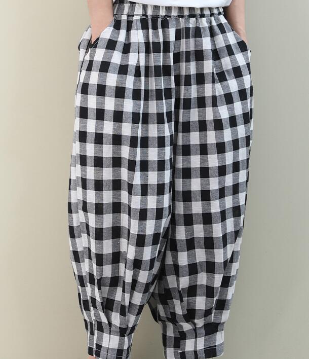 Checked Summer Loose Linen Wide Leg Women Casual Pants Elastic Waist WG05131 VPPBUY shop