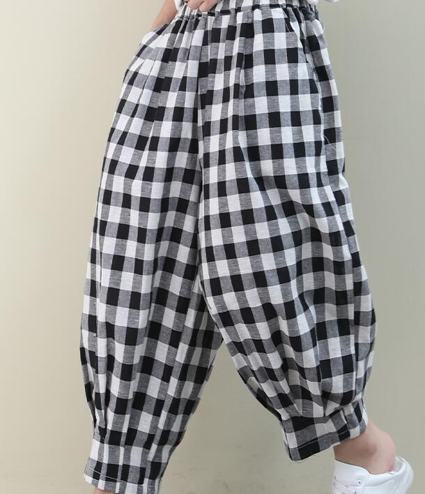 Checked Summer Loose Linen Wide Leg Women Casual Pants Elastic Waist WG05131 VPPBUY shop