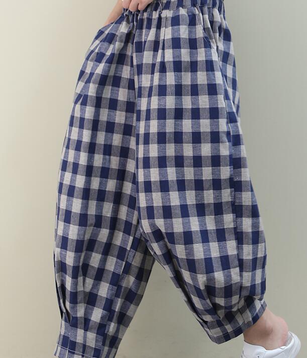 Checked Summer Loose Linen Wide Leg Women Casual Pants Elastic Waist WG05131 VPPBUY shop