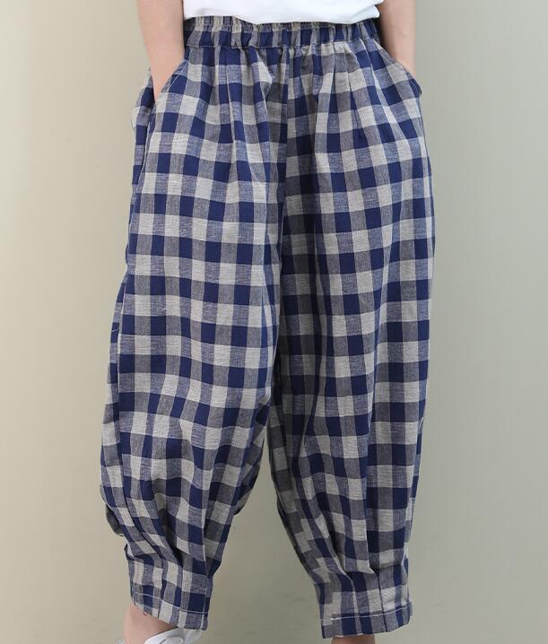 Checked Summer Loose Linen Wide Leg Women Casual Pants Elastic Waist WG05131 VPPBUY shop