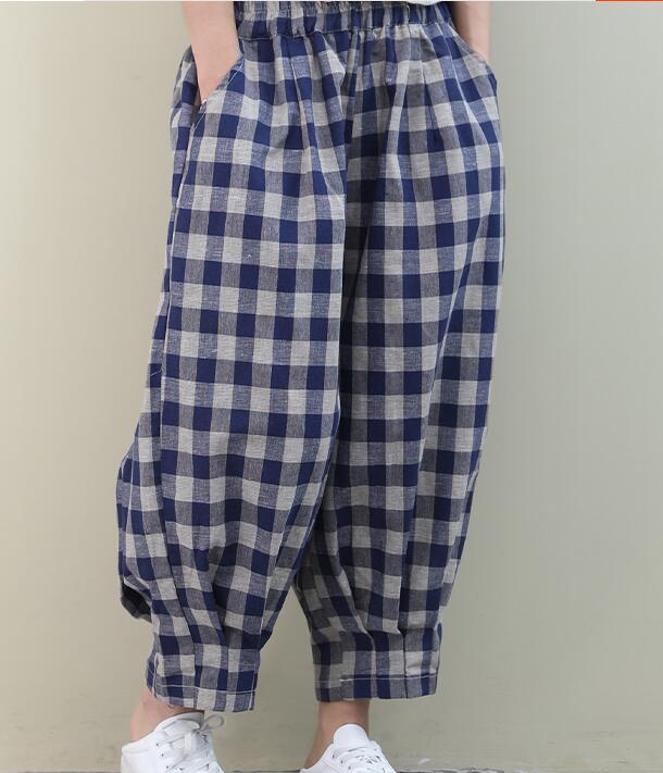 Checked Summer Loose Linen Wide Leg Women Casual Pants Elastic Waist WG05131 VPPBUY shop