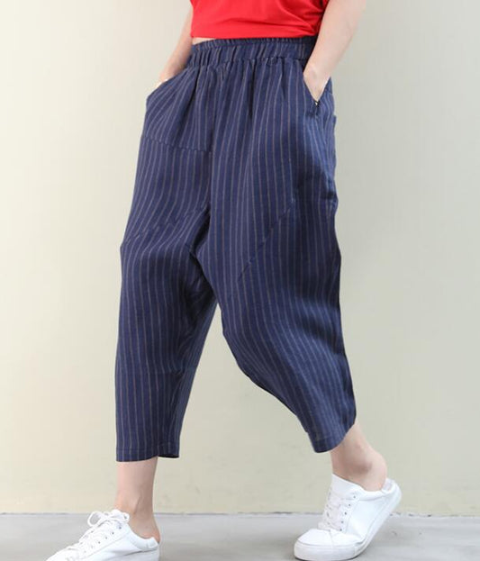 Striped Summer Loose Linen Wide Leg Women Casual Pants Elastic Waist WG05131 VPPBUY shop