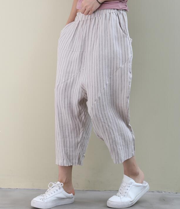 Striped Summer Loose Linen Wide Leg Women Casual Pants Elastic Waist WG05131 VPPBUY shop