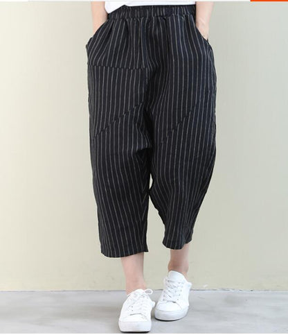 Striped Summer Loose Linen Wide Leg Women Casual Pants Elastic Waist WG05131 VPPBUY shop