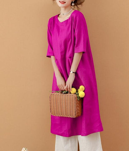 Rose Red Women Dresses Ramie Casual Spring Linen Women Dresses MN97215 VPPBUY shop