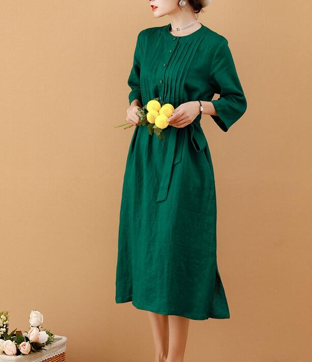 Green Women Dresses Ramie Casual Spring Linen Women Dresses MN97215 VPPBUY shop