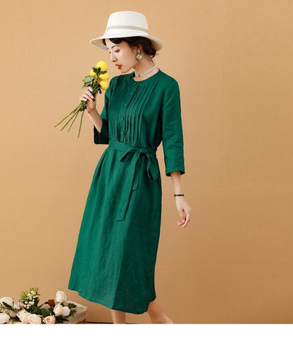 Green Women Dresses Ramie Casual Spring Linen Women Dresses MN97215 VPPBUY shop