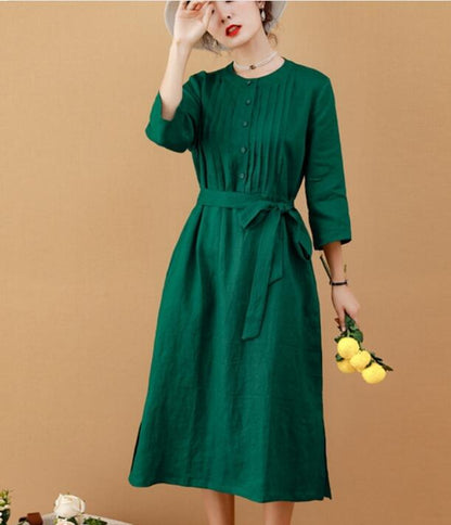 Green Women Dresses Ramie Casual Spring Linen Women Dresses MN97215 VPPBUY shop