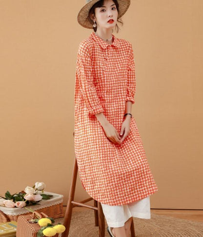 Red Checked Women Dresses Ramie Casual Spring Linen Women Dresses MN97215 VPPBUY shop