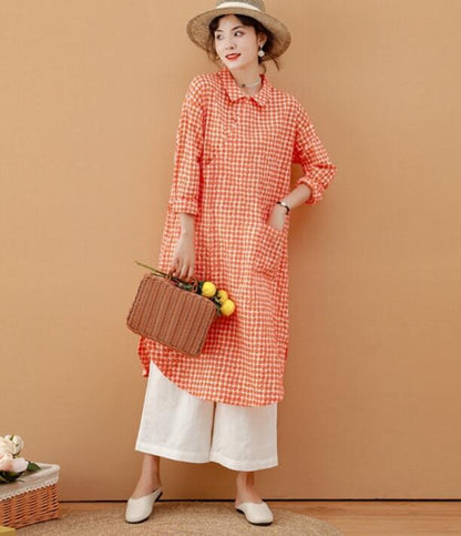 Red Checked Women Dresses Ramie Casual Spring Linen Women Dresses MN97215 VPPBUY shop