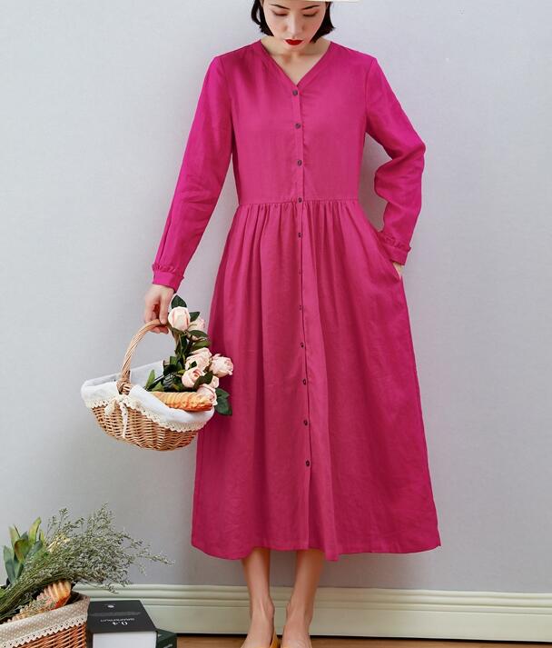 V Neck Women Dresses Ramie Casual Spring Linen Women Dresses MN97215 VPPBUY shop