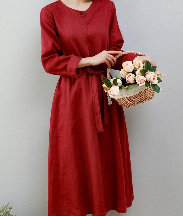 Red Women Dresses Ramie Casual Spring Linen Women Dresses MN97215 VPPBUY shop