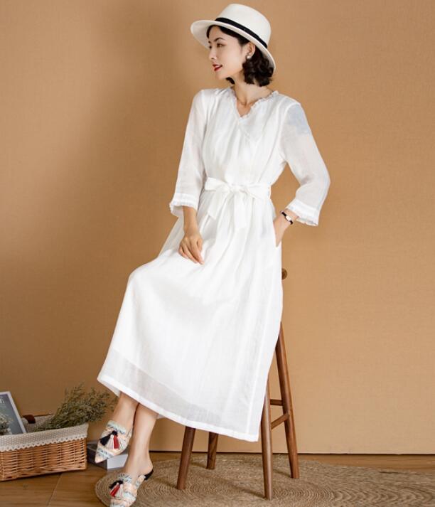 White Women Dresses Ramie Casual Spring Linen Women Dresses MN97215 VPPBUY shop