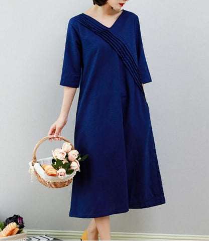 Navy Blue Women Dresses Ramie Casual Spring Linen Women Dresses MN97215 VPPBUY shop