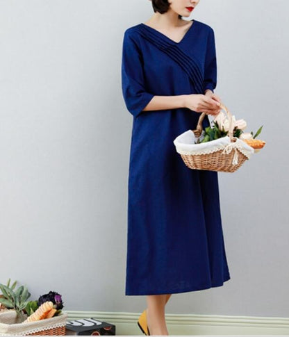 Navy Blue Women Dresses Ramie Casual Spring Linen Women Dresses MN97215 VPPBUY shop