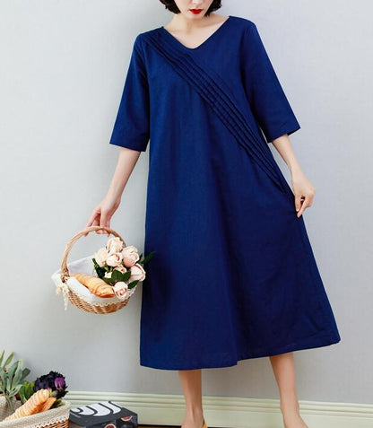 Navy Blue Women Dresses Ramie Casual Spring Linen Women Dresses MN97215 VPPBUY shop