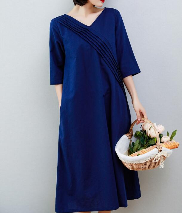 Navy Blue Women Dresses Ramie Casual Spring Linen Women Dresses MN97215 VPPBUY shop