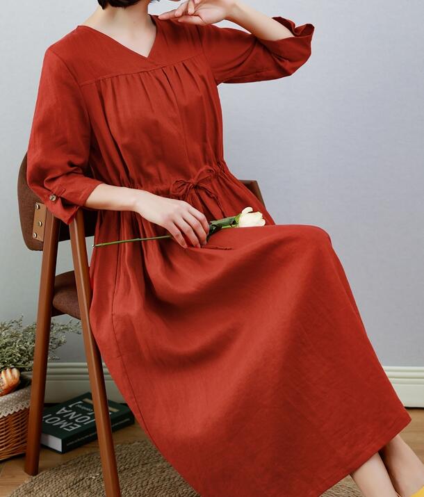 Red Women Dresses Ramie Casual Spring Linen Women Dresses MN97215 VPPBUY shop