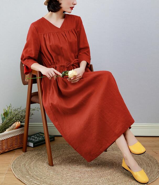 Red Women Dresses Ramie Casual Spring Linen Women Dresses MN97215 VPPBUY shop